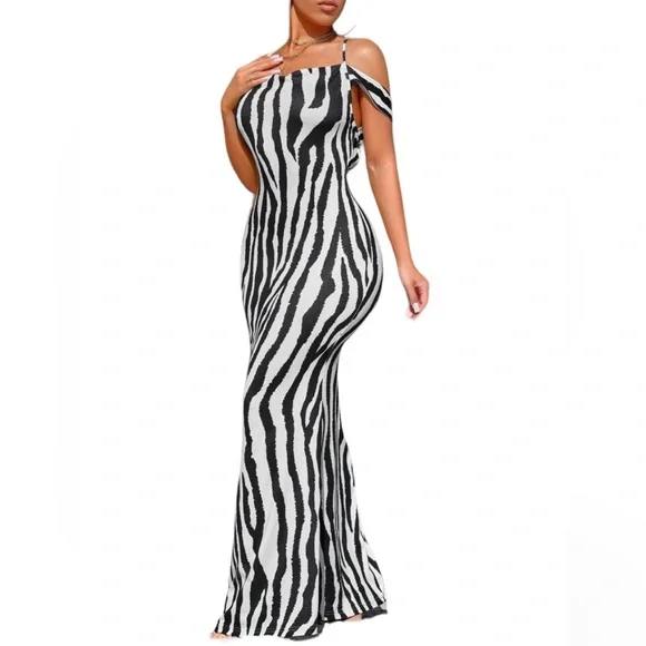 Off Shoulder Zebra Print Mermaid Dress - Picture 5 of 8